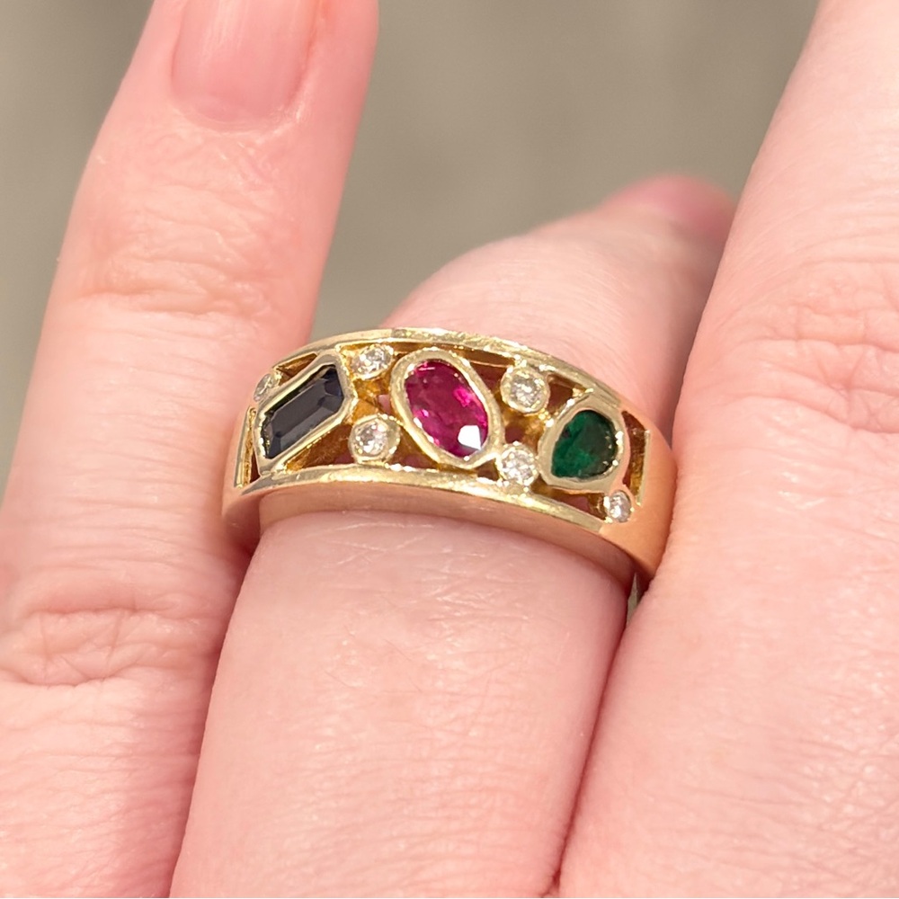 Vintage 14K Natural Precious Gemstone Ring Ruby Sapphire Emerald Diamond 7.5 - Picture 10 of 17
